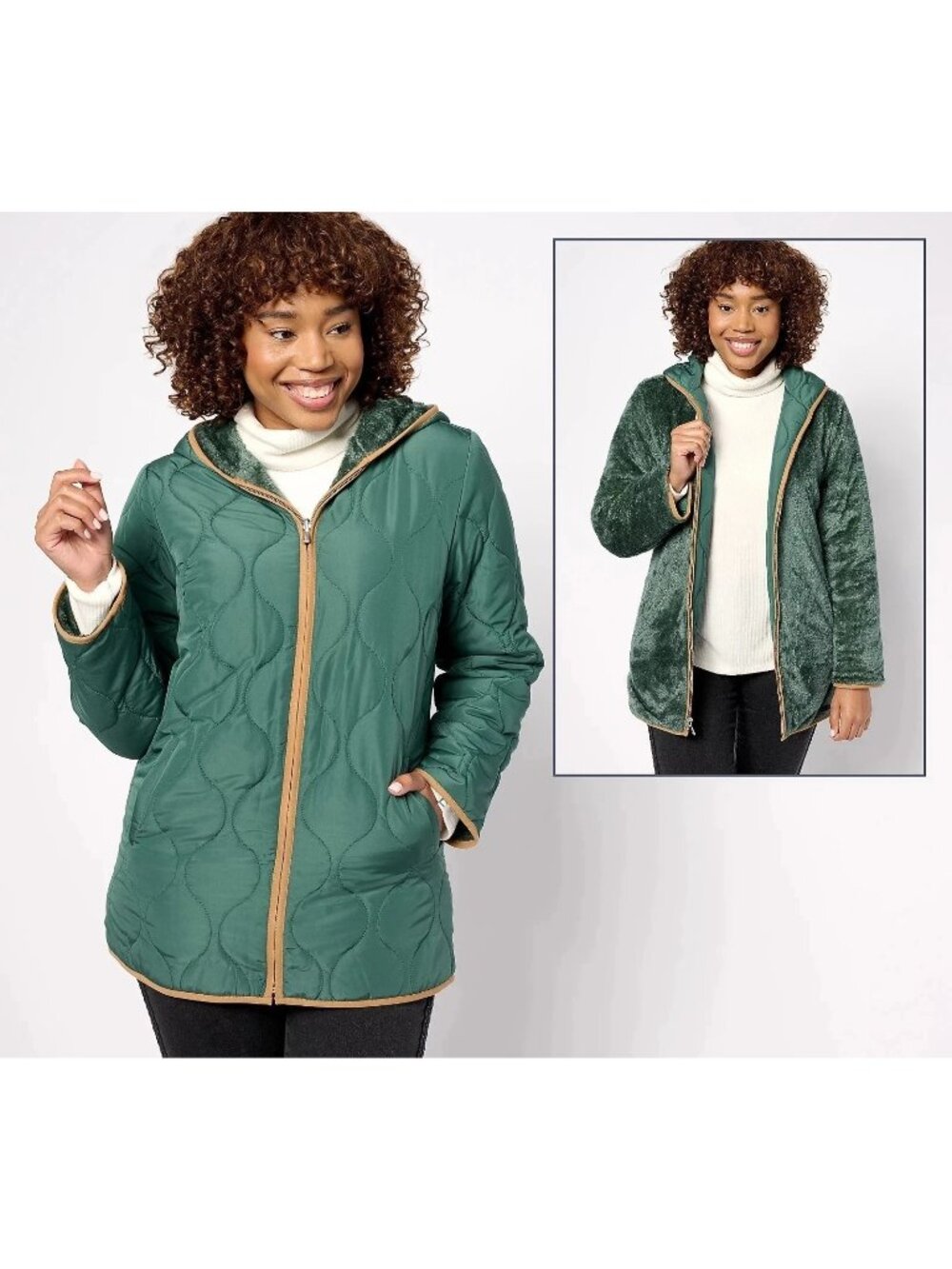 Susan Graver Reversible Jacket XXS Quilted Woven & Plush Fleece Green Outerwear